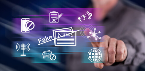 Man touching a fake news concept