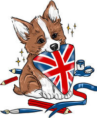 corgie puppy dog with an english flag, and pencils and stars