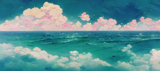 Hot summer day beautiful ocean seascape with calm waves, gorgeous cumulus watercolor clouds and distant horizon. soothing relaxing turquoise and sea foam green colors with a touch of pink. 
