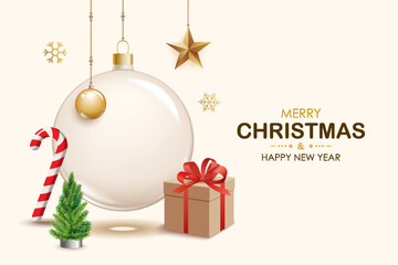Merry christmas glass ball and decoration object for flyer brochure design on white background invitation theme concept. Happy holiday greeting banner and card template.