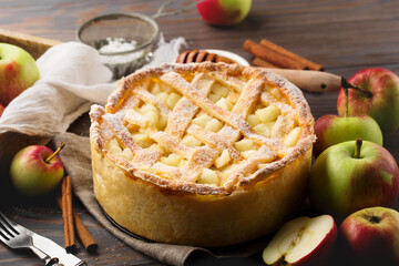 Homemade Autumn Apple Pie on Dark Rustic Wooden Background