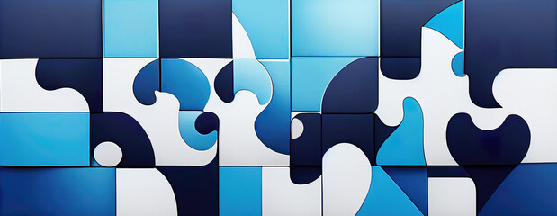 Abstract blue cubist jigsaw puzzle pattern wallpaper - obrazy, fototapety, plakaty