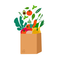 Paper shopping bag with vegetables for eco friendly living. Vegan zero waste concept. Colorful hand drawn vector illustration design for banner, card, poster. Say NO to plastic
