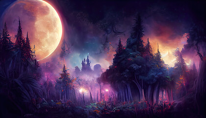 Naklejka premium Bright full moon over dark fairy tale forest