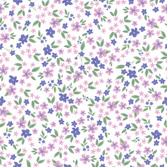Fototapeta na wymiar Vintage pattern. small pink and lilac flowers, green leaves. White background. Seamless vector template for design and fashion prints.