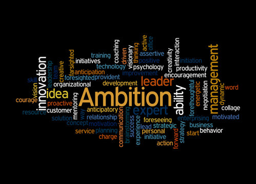 Word Cloud with AMBITION concept, isolated on a black background
