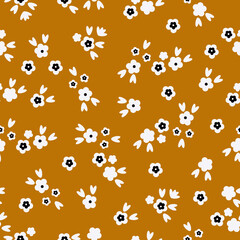 Vintage floral pattern with small white flowers and leaves on a terracotta background. Seamless pattern for design and fashion prints.Stock vector illustration.
