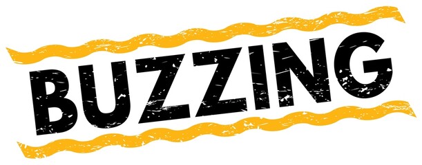 BUZZING text on yellow-black lines stamp sign.