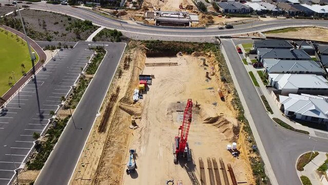 Aerial Reveal View Over Yanchep Rail Extension Works, Santorini Promenade Perth