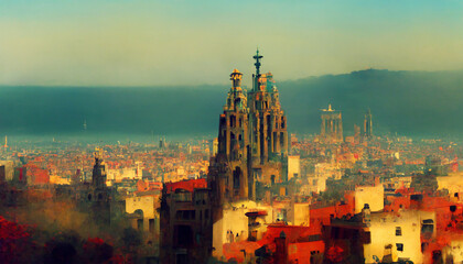 Fototapeta na wymiar Barcelona cityscape buildings house sky painting