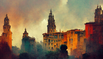 Barcelona cityscape buildings house sky painting