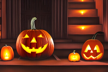 Digital illustration of jack-o-lanterns by the front door. Concept of Halloween. CG Artwork Background