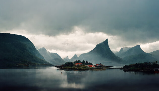 Bodo Norway Ocean Mountain Island House Cloudy Sky