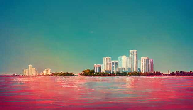 Miami cityscape ocean buildings  colorful water sky