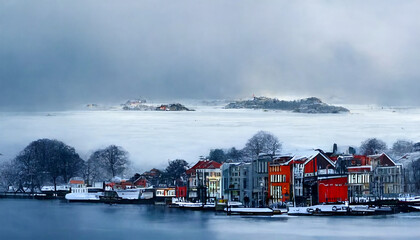 Winter in Stavanger Norway island ocean mountain house with cloudy sky