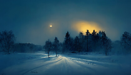 Fototapeta na wymiar Winter night in swedem snow field pine trees with dreamy sky