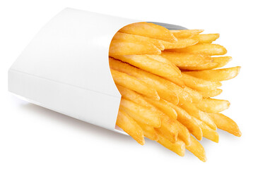 French fries in paper bucket isolated on white background, French fries on white With clipping path.