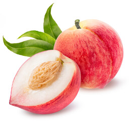 Sweet Peach fruit with leaf isolated on white background, Fresh Peach on White Background With clipping path.