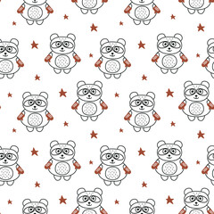 Cute cartoon panda seamless pattern. Panda bear in mittens  and red stars repeat on white background. Vector illustration for kids design.