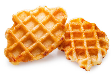 Golden brown Waffle isolated on white background, Freshly baked waffle isolated on white background With work path.