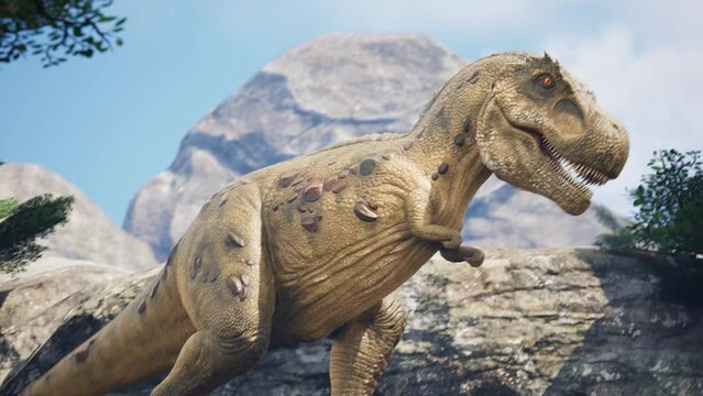 T-Rex Roar on Rocks Jurassic World, Plants, River 3D Rendering Animation CGI 4K