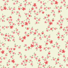 Vintage floral background. Floral pattern with small pink and red flowers on light background. Seamless pattern for design and fashion prints.Stock vector illustration.