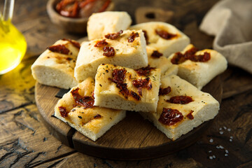 Homemade focaccia bread with sun dried tomatoes