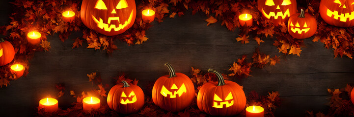 Jack O Lanterns - Halloween Background. Banner size. 3d