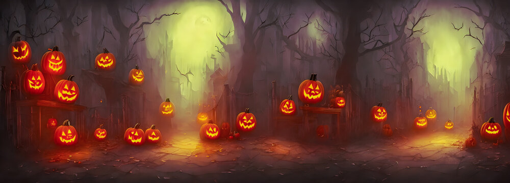 Halloween background. Witch hut. Banner size. 3d