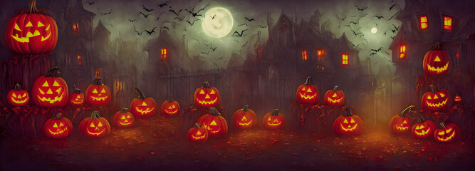 Jack O Lanterns - Halloween Background. Banner size. 3d