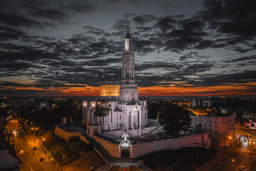 Aerial view of St. Roch's Basilica in Bialystok at night, Podlaskie Voivodeship, Poland