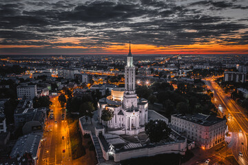 Aerial view of St. Roch's Basilica in Bialystok at night, Podlaskie Voivodeship, Poland