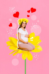 Obraz na płótnie Canvas Creative drawing collage picture of calm lovely charming young mother pregnant woman embrace belly sit big flower hears love family
