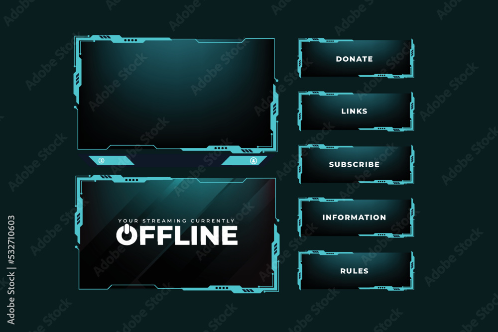 Poster online gaming overlay and screen interface decoration. live broadcasting screen panel design vector 