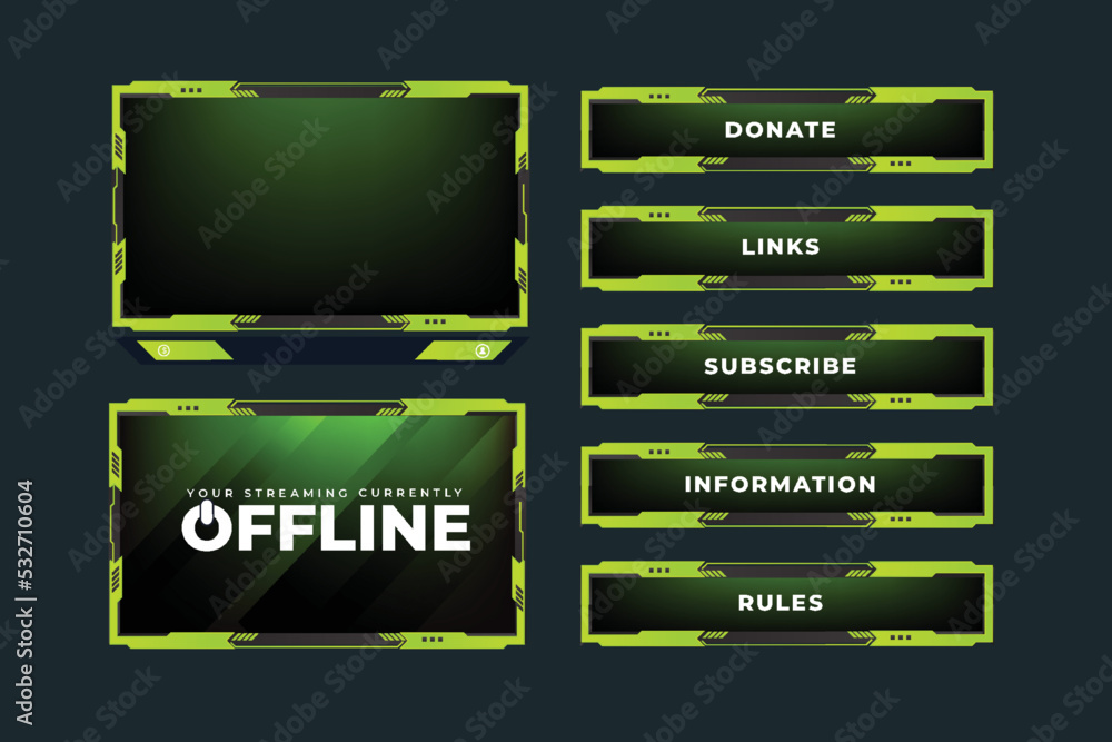 Poster live broadcast screen panel vector with green color. online gaming frame decoration with buttons. li