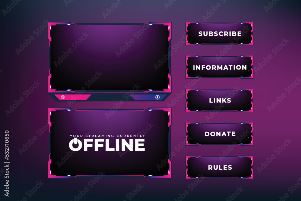 Poster live streaming button collection with offline screen panels. streaming overlay design with pink and 