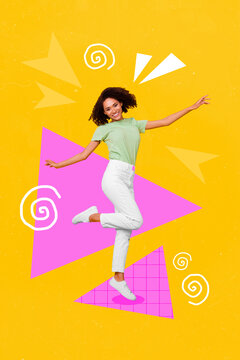Composite collage picture image of happy attractive young girl dancing have fun enjoy summer vacation weekend festival poster template