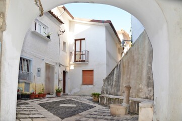 A narrow street between the houses of Fontegreca, a rural village in the province of Caserta in Italy.