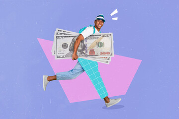 Creative trend collage of running fast young man carry big dollars banknotes shopping black friday...