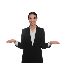 Portrait of hostess in uniform on white background