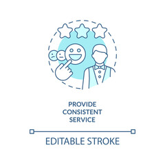 Provide consistent service turquoise concept icon. Customer service in food industry abstract idea thin line illustration. Isolated outline drawing. Editable stroke. Arial, Myriad Pro-Bold fonts used