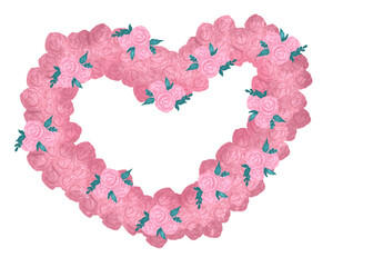 Pretty heart made of flowers. Hand drawn roses in a heart shape, png on transparent background. Design for St Valentines day, love concept, greeting cards, backgrounds, posters, banners.