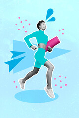 Vertical collage image of sporty excited girl black white colors running hold fit mat isolated on creative background