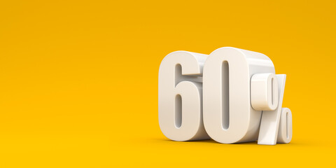 White sixty percent on a yellow background. 3d render illustration. Background for advertising.
