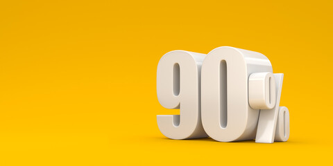 White ninety percent on a yellow background. 3d render illustration. Background for advertising.