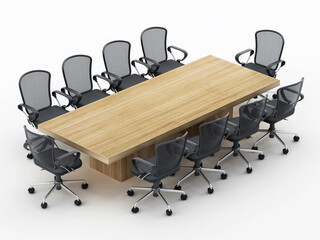 Boardroom table and chairs isolated on white background. 3D illustration