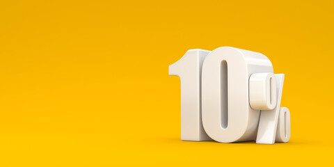 White ten percent on a yellow background. 3d render illustration. Background for advertising.