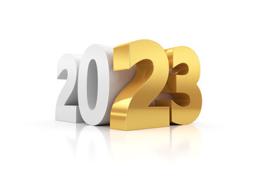 New Year's inscription 2023 on a white mirror background. 3d render illustration.