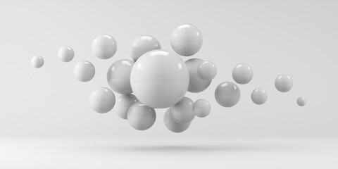 Illustration for advertising. Abstraction from spheres. Flying spheres on a white background. 3d rendering.