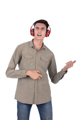 playing with a fake guitar